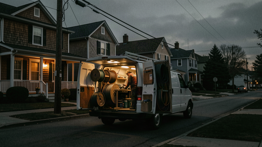 Electrician van on a quiet East End street at dusk