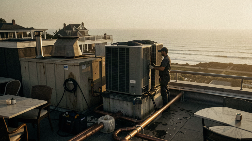 HVAC tech on a rooftop condenser