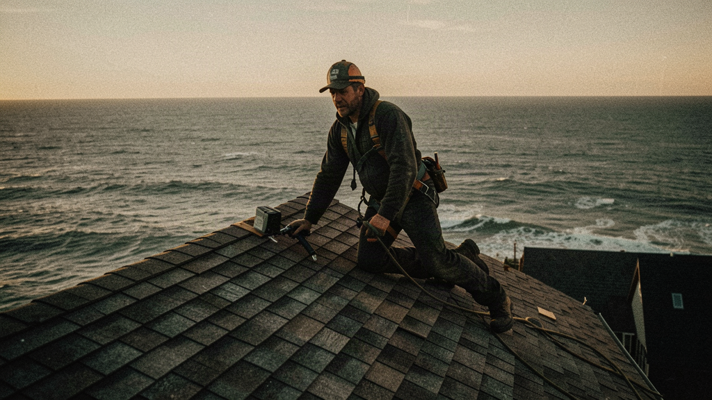 Roofer on a cedar roof with the Atlantic haze behind