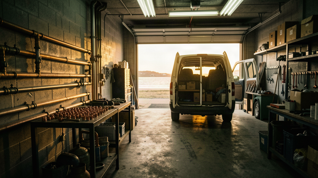 Plumbing shop bay doors open at dawn